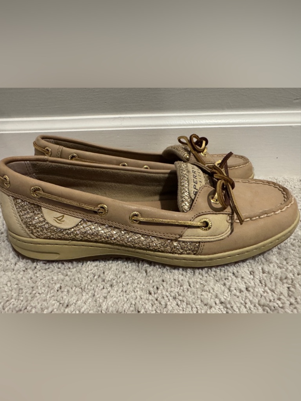 Sperry Taupe and Gold Women's Moccasin Boat Shoes